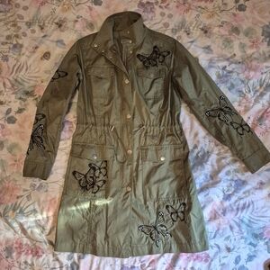Michael Kors Olive Green Butterfly Embroidered Jacket Army Black Light XS Spring